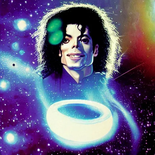 Image similar to photorealistic cyberwave michael jackson pushing inside out a space galaxy circle, xscape ii album cover