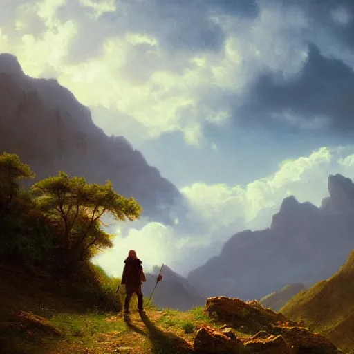 Image similar to a traveler wandering trough the mountains looking at the clouds, very detailed, oil painting, cinematic lighting, neo-romanticism, albert bierstadt, trending on artstation