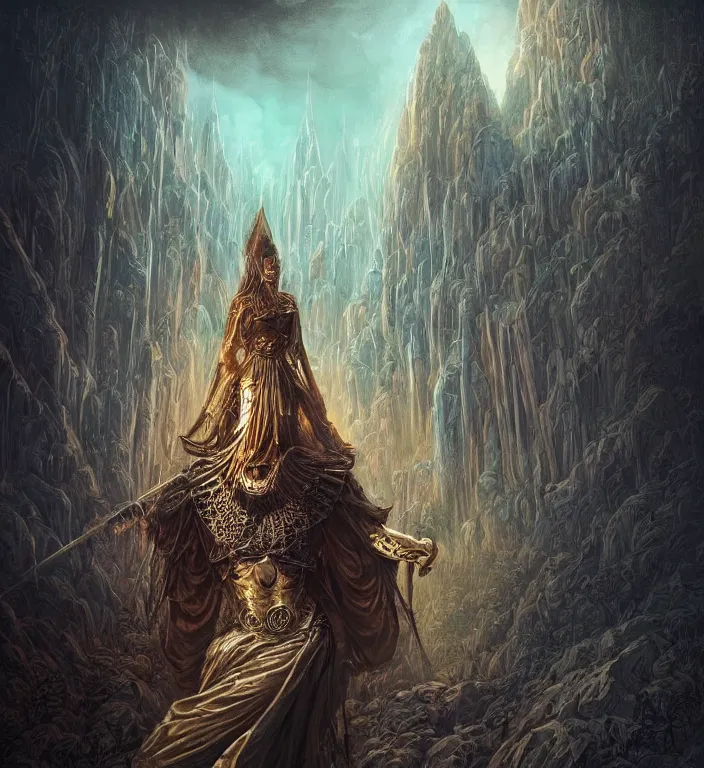 Image similar to a majestic matte painting, Illustration, centered Intricate portrait of a goddess, tarot card, dark souls colour scheme, luminal, smooth, high detailed, kerem beyit, Karol Bak, Chris Cold, james gurney, dan mumford, featured on artstation, instagram HD