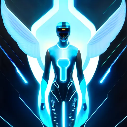 Image similar to tron legacy angel, diffuse lighting, hyper realistic, concept art, intricate, hyper detailed, smooth, sharp focus, illustration, trending on artstation, art by greg rutkowski and james gurney and alphonse mucha