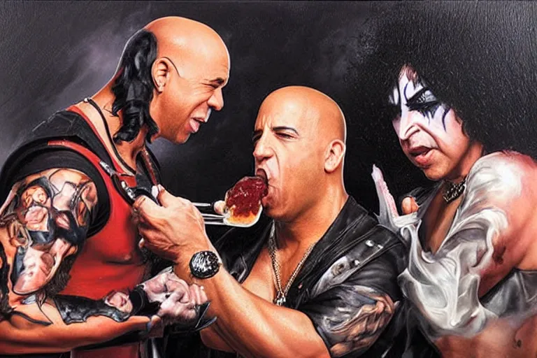 Image similar to vin diesel pouring baked beans into the mouth of paul stanley in kiss makeup, an oil painting by ross tran and thomas kincade