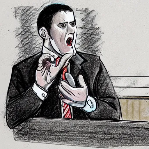 Prompt: a boll weevil ((in a suit)) giving a passionate speech ((to a jury)), courtroom sketch