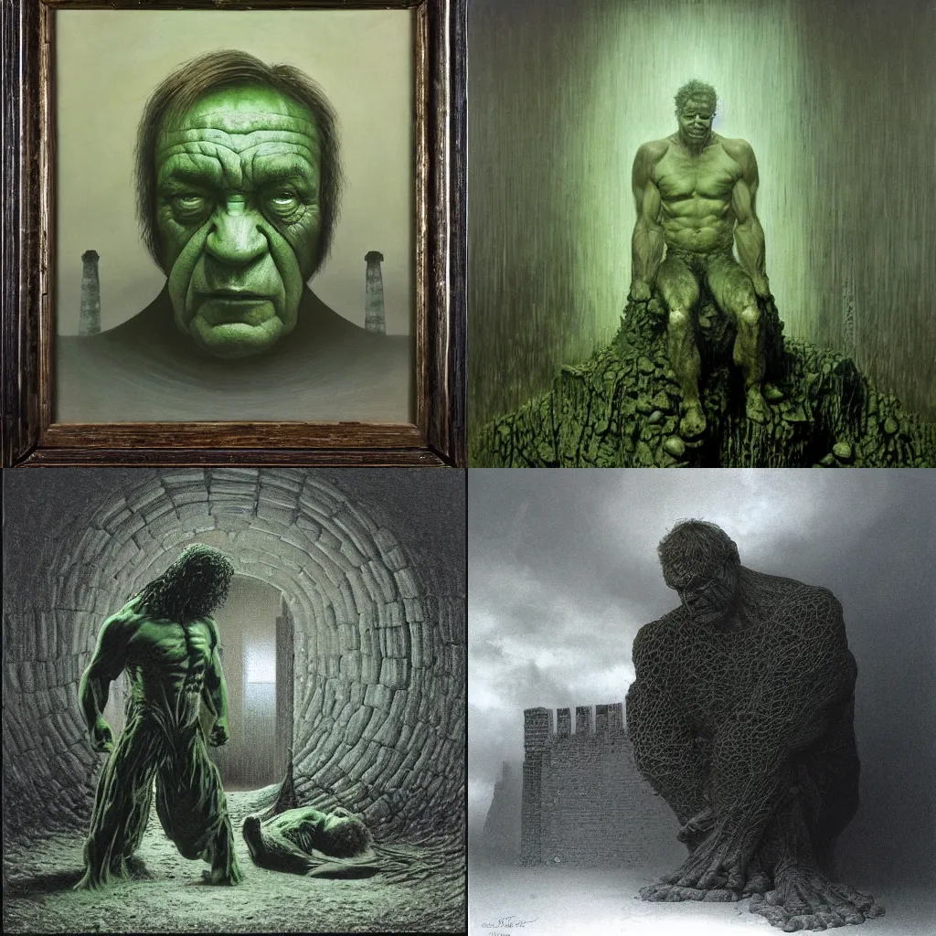 Prompt: the incredible hulk zdzislaw beksinski, ivan seal. the caretaker, leyland kirkby