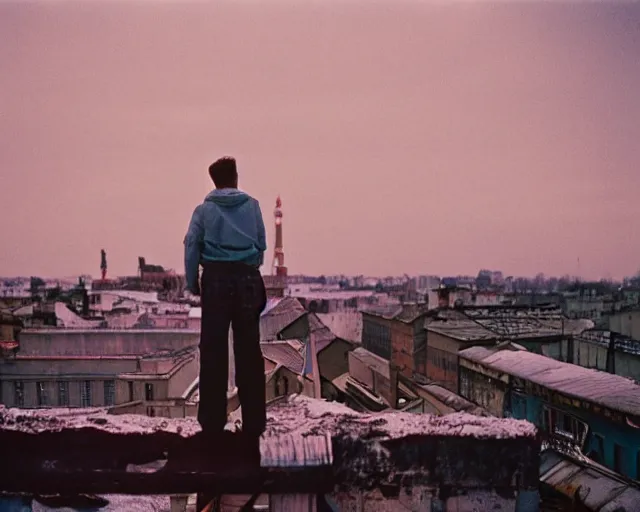 Image similar to lomo photo of man standing on the roof of soviet hrushevka, small town, cinestill, bokeh, out of focus