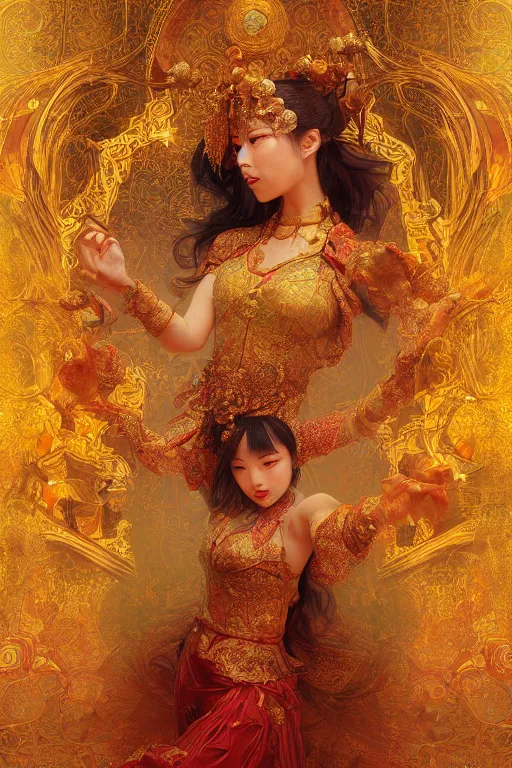 Image similar to tarot card artstation, portrait of an asian love dancer, sunrise, baroque ornamnet and rococo ornament, ancient chinese ornate, hyperdetailed, beautiful lighting, craig mullins, mucha, klimt, yoshitaka amano, red and gold and orange color palatte