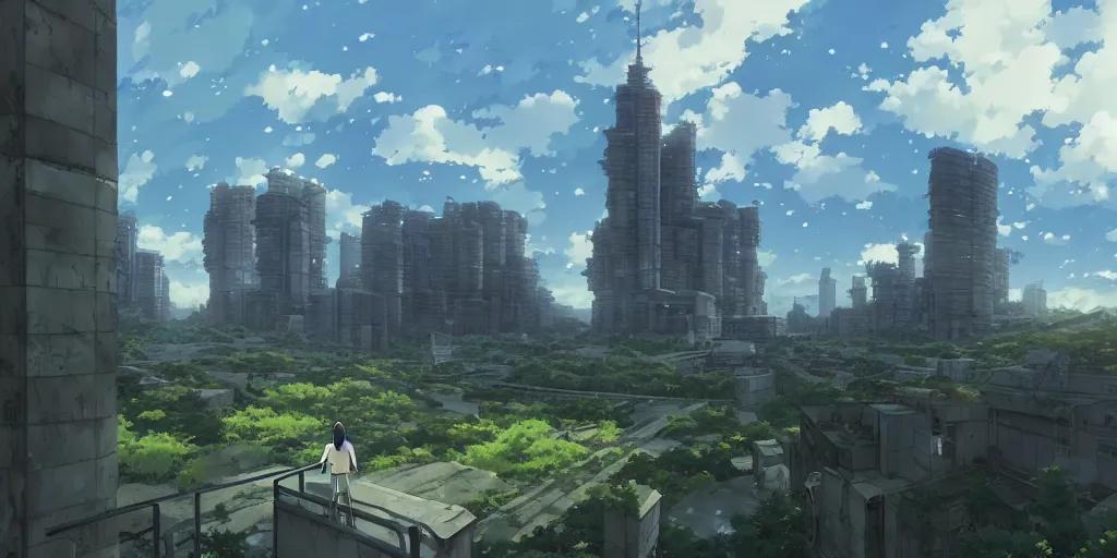 Image similar to realistic building, monster, wide landscape, eva, war, art by makoto shinkai