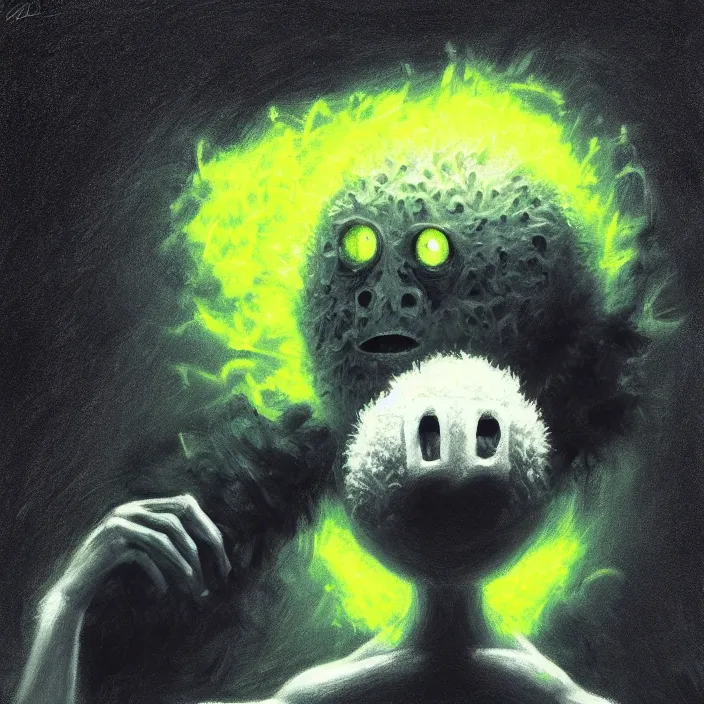 Image similar to cinematic portrait of a tennis ball monster in the abyss of space, chalk, masterpiece, trending on artstation, featured on pixiv, cinematic composition, dramatic pose, beautiful lighting, sharp details, hyper-detailed, HD, HDR, 4K, 8K, art by Basil Gogos