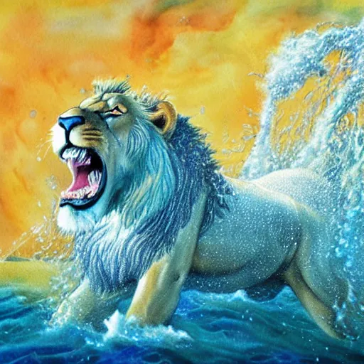 Image similar to a male lion's face breaching through a wall of water, water sprites, splashing, deep blue water color, highly detailed