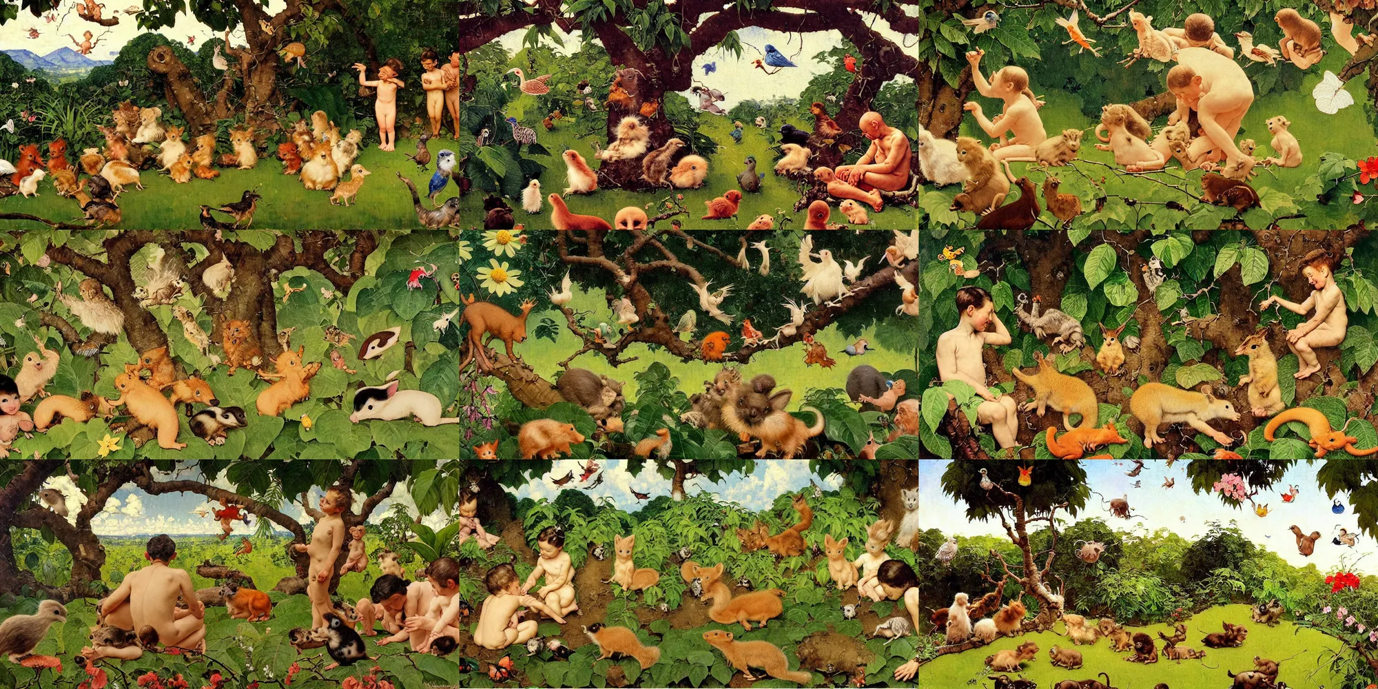 Prompt: natural painting of very small animals in the garden of eden, all living together in peace and harmony while god in the sky watches over them smiling in delight from the clouds above, paiting by norman rockwell and james jean, very detailed, very cozy, very sweet, very absurd and very very tiny