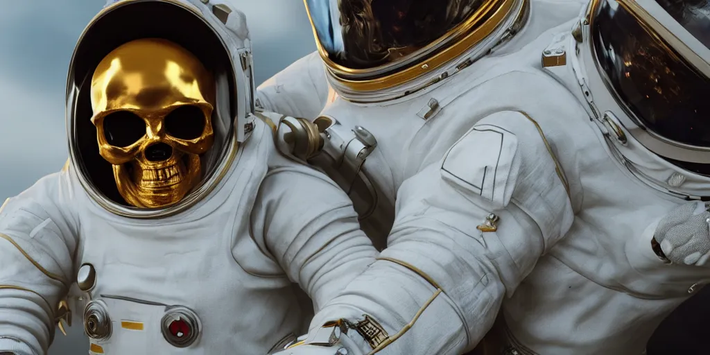 Prompt: skull in astronaut suit with gold linens, cinematic lighting, dramatic, octane render, long lens, depth of field, bokeh, anamorphic lens flare, 8k, hyper detailed