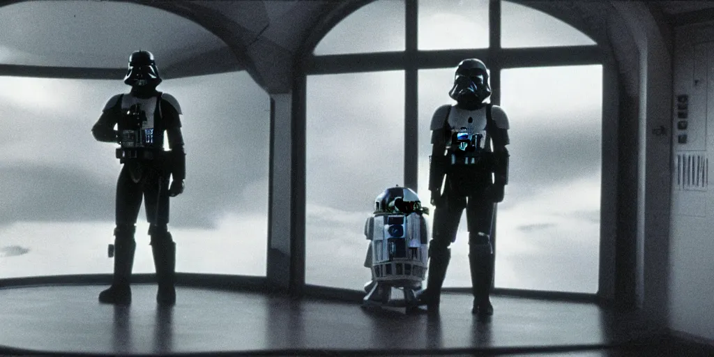 Image similar to a still from a film of a navy captain, back turned, standing in front of a large window with a live action STAR WARS space battle, 35mm, directed by George Lucas, miniatures, ILM