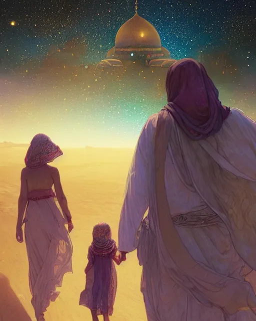 Image similar to bedouin man and woman and child in galaxy walking towards mosque surrounded by nebula, highly detailed, gold filigree, romantic storybook fantasy, soft cinematic lighting, award, disney concept art watercolor illustration by mandy jurgens and alphonse mucha and alena aenami, pastel color palette, featured on artstation