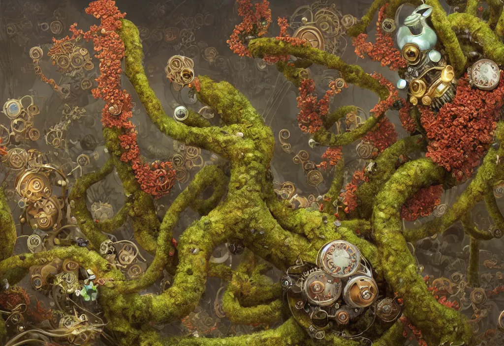 Prompt: illustration and highly detailed render of a strange moss fungus and coral creature, tendrils, steampunk, biological machinery, microbiological environment, ultra realistic, concept art, intricate details, cheerful, highly detailed, photorealistic, octane render, 8 k, unreal engine. art by hr guger and artgerm and greg rutkowski and alphonse mucha