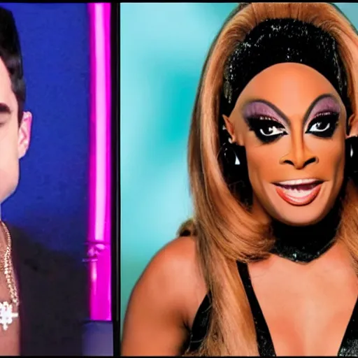 Image similar to ben shapiro in drag on ru paul's drag race