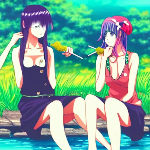 Image similar to two lesbian girls smoking hemp in front of a lake in the style of anime, pixiv, intricate, elegant, highly detailed, lush, stylized, japanese, smooth