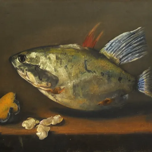 Image similar to a still life of a dead fish, oil painting