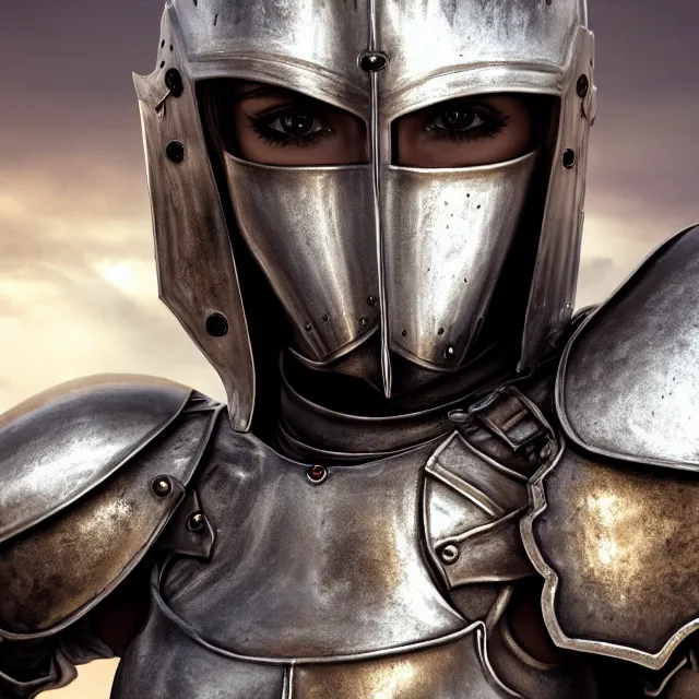 Image similar to perfectly centered close up portrait of a female knight in full body armor, candid photography, by anne stokes, updo, highly detailed, unreal engine 5