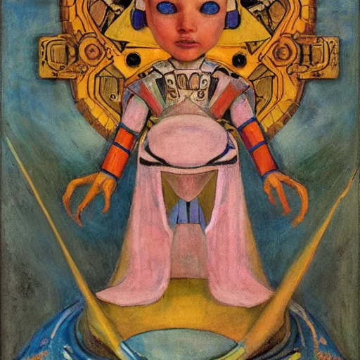 Image similar to the little robot queen in her regalia, by annie swynnerton and alayna danner and diego rivera and nicholas roerich, symbolist, dramatic lighting, elaborate geometric ornament, smooth, sharp focus, extremely detailed, adolf wolfli, soft pastel colors