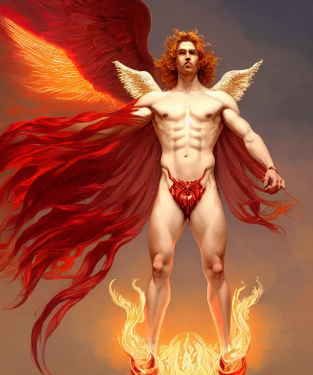 Image similar to symmetrical fullbody portrait of a beautiful young fit male angel with curly blond hairs, full dressed in long fluent red clothes, majestic big demon wings, luminous fire halo, by greg rutkowski and alphonse mucha, gradient white to gold, in front of an hellish background, highly detailed portrait, digital painting, artstation, concept art, smooth, sharp focus illustration