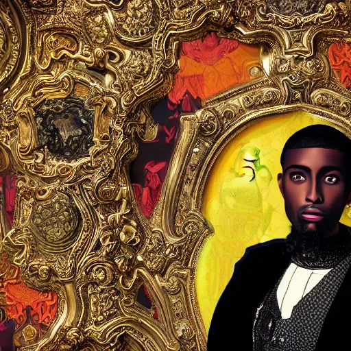 Prompt: hyperdetailed maximalist elaborate half - lenght portrait of a futuristic a beautiful black man, wearing long clothing. rococo architecture, in the style of modigliani and mixed media collage. matte background hd 8 x
