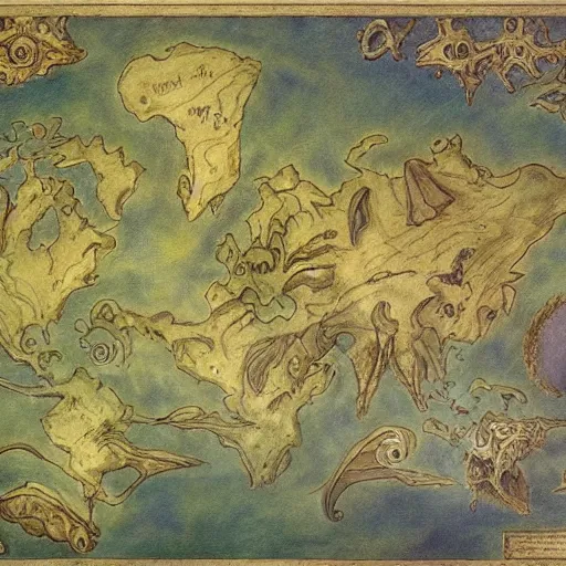 Image similar to simple fantasy map, the land of Odrua, several continents arranged in an arc, world of Lute, by JRR Tolkien and Brian Froud, Vatican Map Room, fantasy concept painting, Magic The Gathering Art, trending on art station, oceans, continents, unmarked