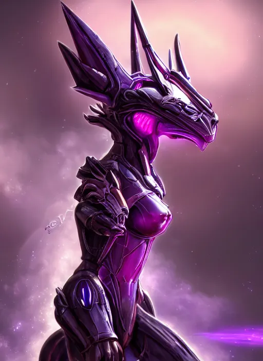 Prompt: cinematic goddess close shot, cosmic size beautiful stunning hot anthropomorphic robot mecha female dragon, sleek dragon head, metal ears, led purple eyes, smooth fuschia skin, smooth silver armor, in space, epic proportions, macro, epic size, epic scale, furry art, dragon art, giantess art, warframe fanart, furaffinity, octane