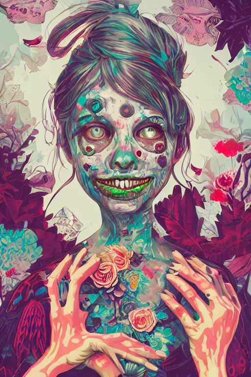 Image similar to a zombie girl smiling cute, Tristan Eaton, victo ngai, artgerm, RHADS, ross draws