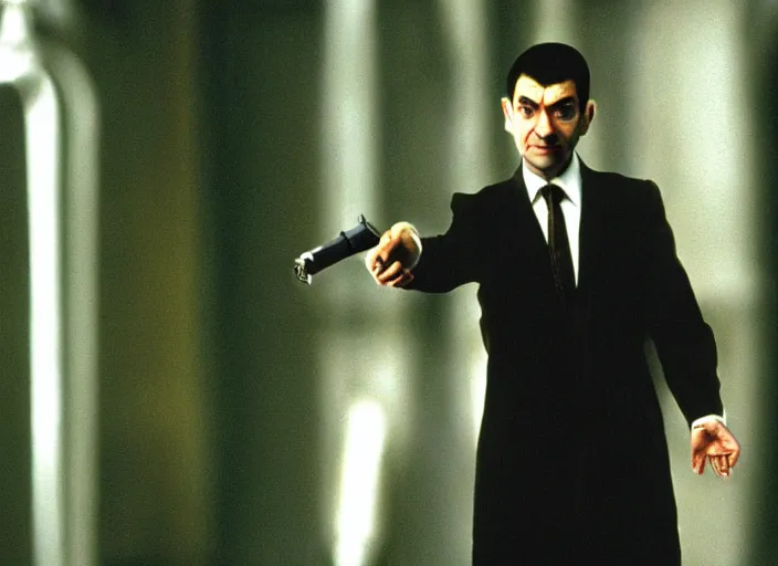 Prompt: hyper realistic, production still of mr. bean playing neo in matrix ( 1 9 9 9 ), 4 k, highly detailed, anamorphic