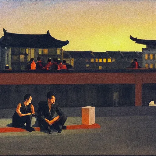 Prompt: a small rooftop with a couple of people sitting and watching the view, wearing black modern clothes, modern shanghai bund is on the background, sunset, by edward hopper, by gregory crewdson