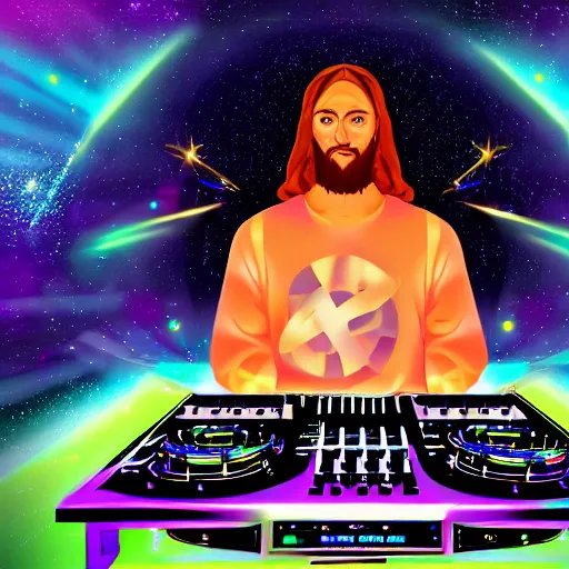 Prompt: Jesus DJ in balaclava behind turntables on a huge stage at intergalactic mega rave in space with vibrant cosmic rays in the background and supernova disco ball