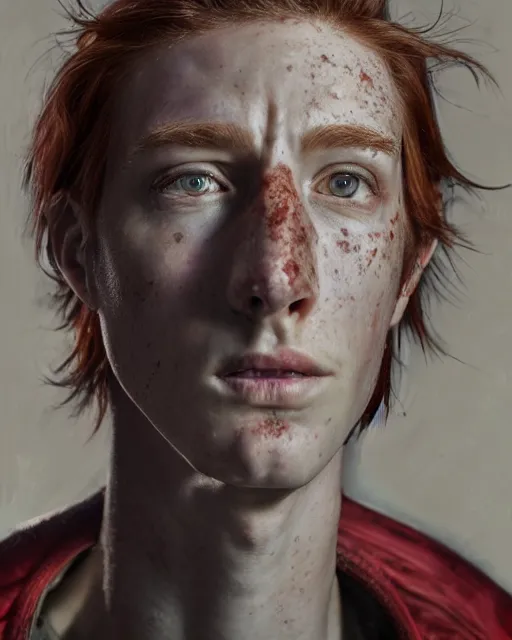 Prompt: a striking hyper real portrait painting of tall, thin, 1 5 - year - old boy with a long nose, a lot of freckles, fiery red hair, and bright blue eyes, 4 k, 8 k, apex legends concept art, d & d concept art, unreal 5, daz, hyperrealistic, octane render, cosplay, rpg portrait, dynamic lighting