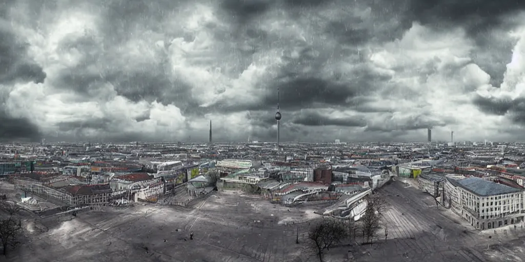 Image similar to empty berlin during lockdown with data falling from the sky and clouds int he landscape, digital art, 3 d art,