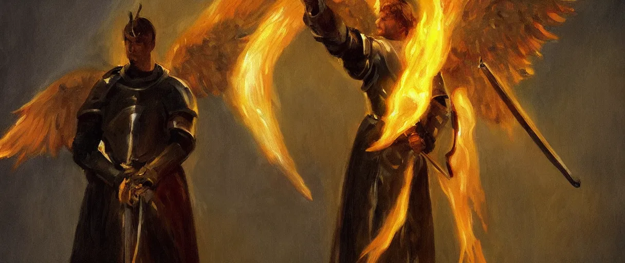 Image similar to a knight in a hall with an angel wing holding a sword of fire, digital oil painting, style of John singer Sargent, heroic, cinematic, indoor, warm lighting, godrays,