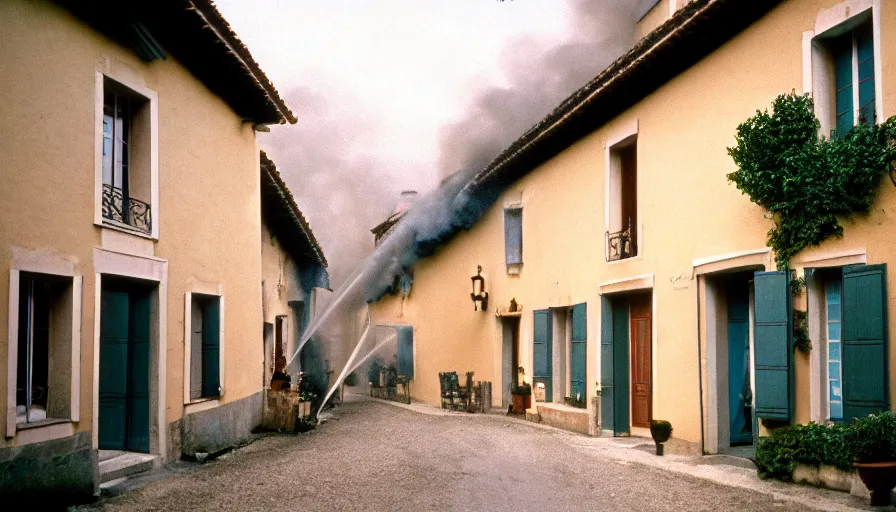 Image similar to 1 9 7 0 s movie still of a french style townhouse who is burning in a small french village, cinestill 8 0 0 t 3 5 mm, heavy grain, high quality, high detail, dramatic light, anamorphic, flares