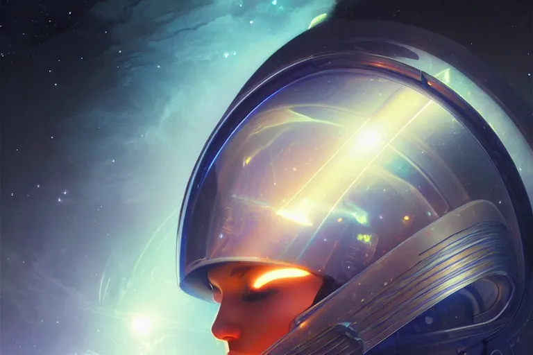 Image similar to Portrait of a Futuristic astronaut reflective visor reflecting a nebula supernova in space, portrait, elegant, intricate, digital painting, artstation, concept art, smooth, sharp focus, illustration, art by artgerm and greg rutkowski and alphonse mucha