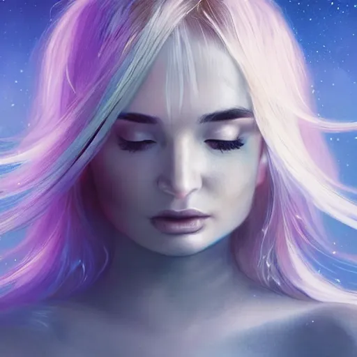 Prompt: an epic cinematic ethereal portrait made of stardust of kim petras with her eyes closed as part of the fabric of the universe and existence, galaxies, stars, nebulas, artstation trending, cgsociety, instagram