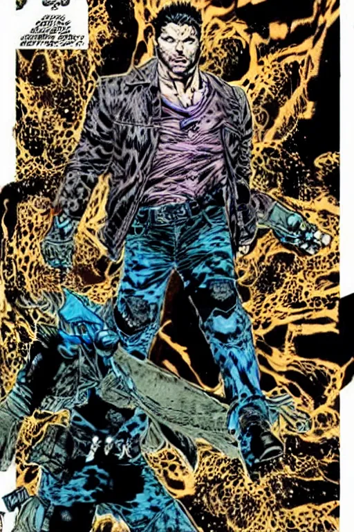 Prompt: A full body portrait of Jensen Ackles as a new antihero character with an angry face art by Marc Silvestri and Jim Lee, detailed, mysterious