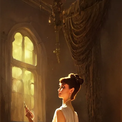 Image similar to audrey hepburn, inside haunted mansion looking for a way out, various scenarios, highly detailed, digital painting, artstation, art by gaston bussiere, greg rutkowski, j. c. leyendecker