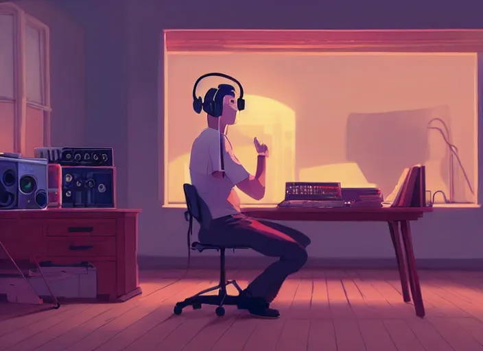 Image similar to man with headphones at his home studio producing music late at night, very detailed, 4 k, cory loftis, james gilleard, atey ghailan, makoto shinkai, goro fujita, studio ghibli, rim light, exquisite lighting, clear focus, very coherent