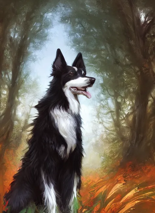 Image similar to beautiful portrait of a cute male anthropomorphic border collie fursona wearing a suit in a sunny glade. by charlie bowater, henry asencio, jon foster, and ross tran. scenic background, detailed, concept art, furry, detailed hands, glamor pose, aesthetic, trending on artstation, top rated on furaffinity and deviantart