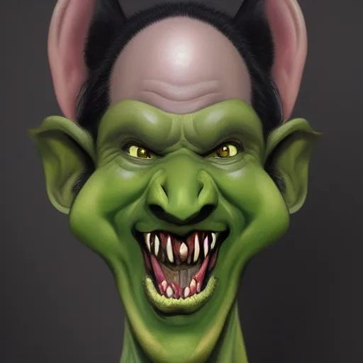 Image similar to portrait of a goblin with a big bulbous nose, long ears, black slick hair, a white clouded eye and a scar, wicked smile, concept character in the style of boris vallejo and jeff easley, trending on artstation, dnd