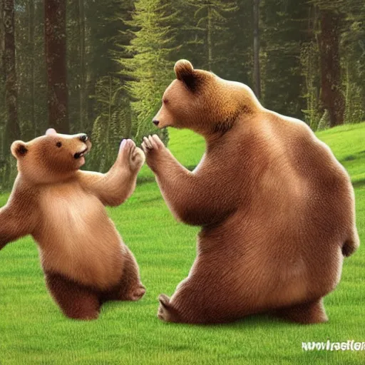 Image similar to two bears high - fiving, realistic