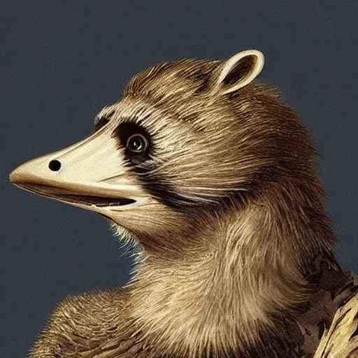 Prompt: a man with the head of a bird screaming at raccoons, realistic, dramatic, detailed