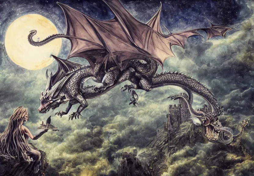 Image similar to possum riding a dragon, flying over a medieval haunted castle under a dark starred sky, dark fantasy, watercolor, dreaming illusion, highly detailed, 4k, trending on Artstation, award-winning