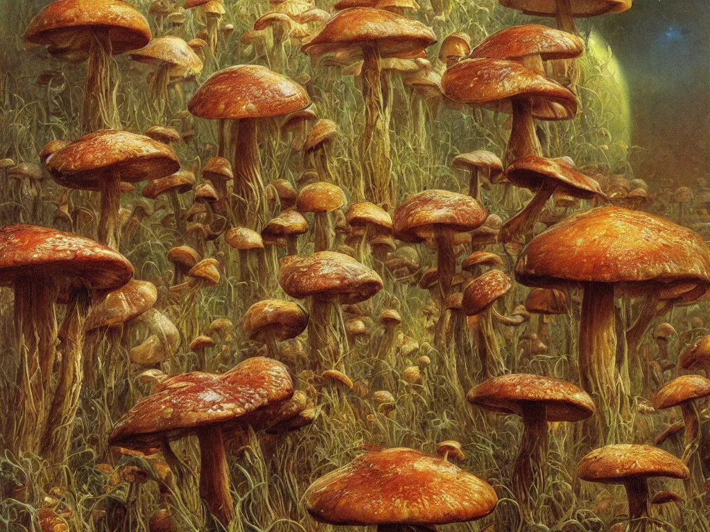 Prompt: fantastic mushrooms, by bruce pennington, donato giancola, high light, high detailed, 4 k resolution