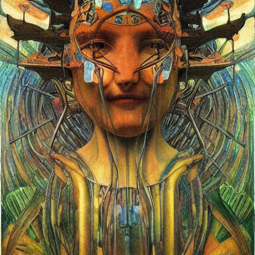 Image similar to robot seizes the forest crown, by Annie Swynnerton and Diego Rivera and Elihu Vedder, symbolist, dramatic lighting, elaborate geometric ornament, tattoos, Art Brut, soft cool colors,smooth, sharp focus, extremely detailed, Adolf Wölfli