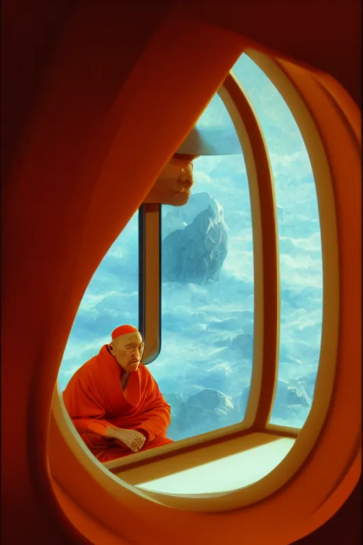 Image similar to portrait of a monk in a spaceship, looking out of a round window at nebula, orange robe, dramatic lighting, artstation, matte painting, ralph mcquarrie