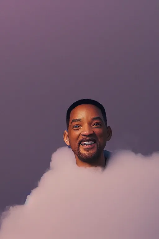 Image similar to high quality pastel coloured film close up wide angle photograph of will smith wearing clothing resting on cloud furniture in a icelandic black rock!! environment in a partially haze filled dreamstate world. three point light, rainbow. photographic production. art directed. pastel colours. volumetric clouds. pastel gradient overlay. waves glitch artefacts. extreme facial clarity. 8 k. filmic.