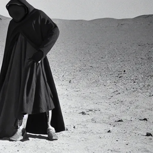 Image similar to a man wearing a long cloak and hood and gasmask, in the desert, film still, arriflex