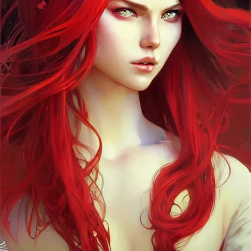 Image similar to a cool red - plate - haired girl. she is dressed as a superhero. clean elegant painting, beautiful detailed face. by artgerm and greg rutkowski and alphonse mucha